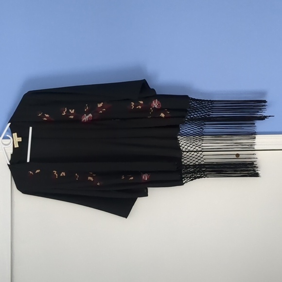 Medium Staring at Stars Open Front Embroidered Fringe Sheer Black Kimono - Picture 1 of 15